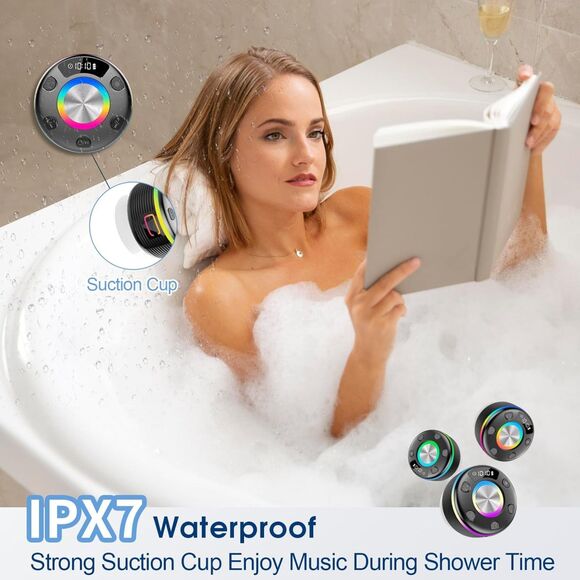 OYIB Bluetooth Shower Speaker 360° HD Sound, RGB Lights, FM Radio - Picture 2 of 7
